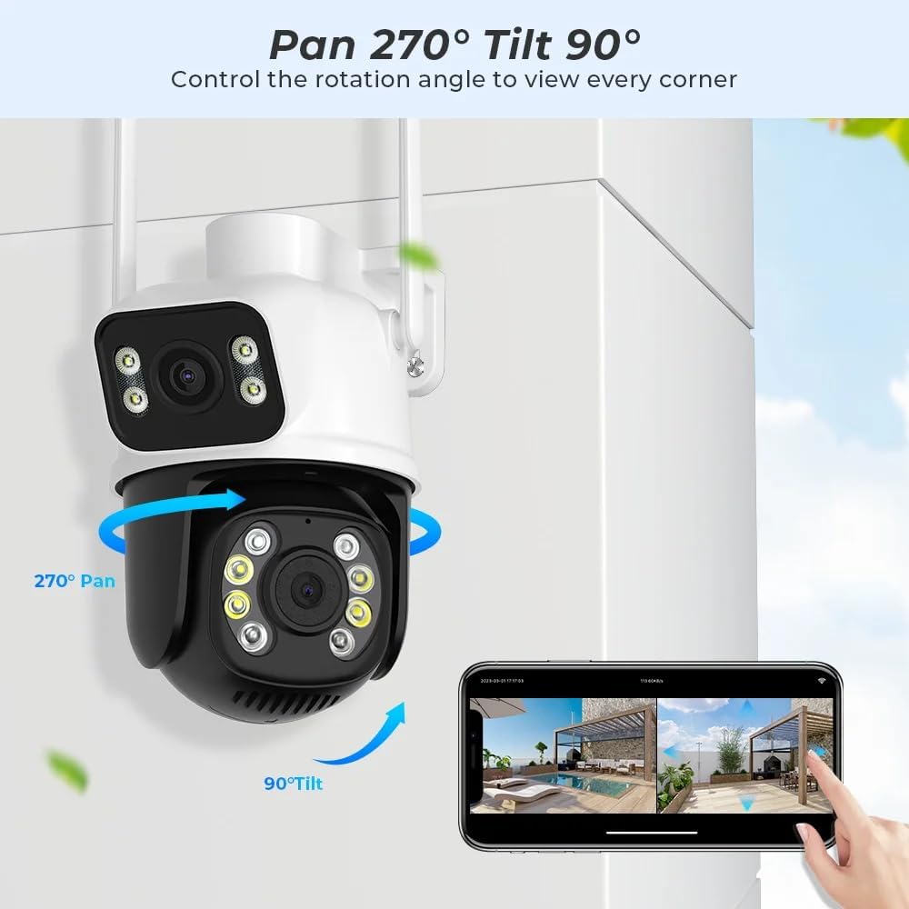 Ozone WiFi Outdoor Security Camera, 2.4GHz,5MP Tripple Lens Camera with Auto Tracking, Human Detect, Color Night Vision, Two-Way Audio, Outdoor IP66 Waterproof