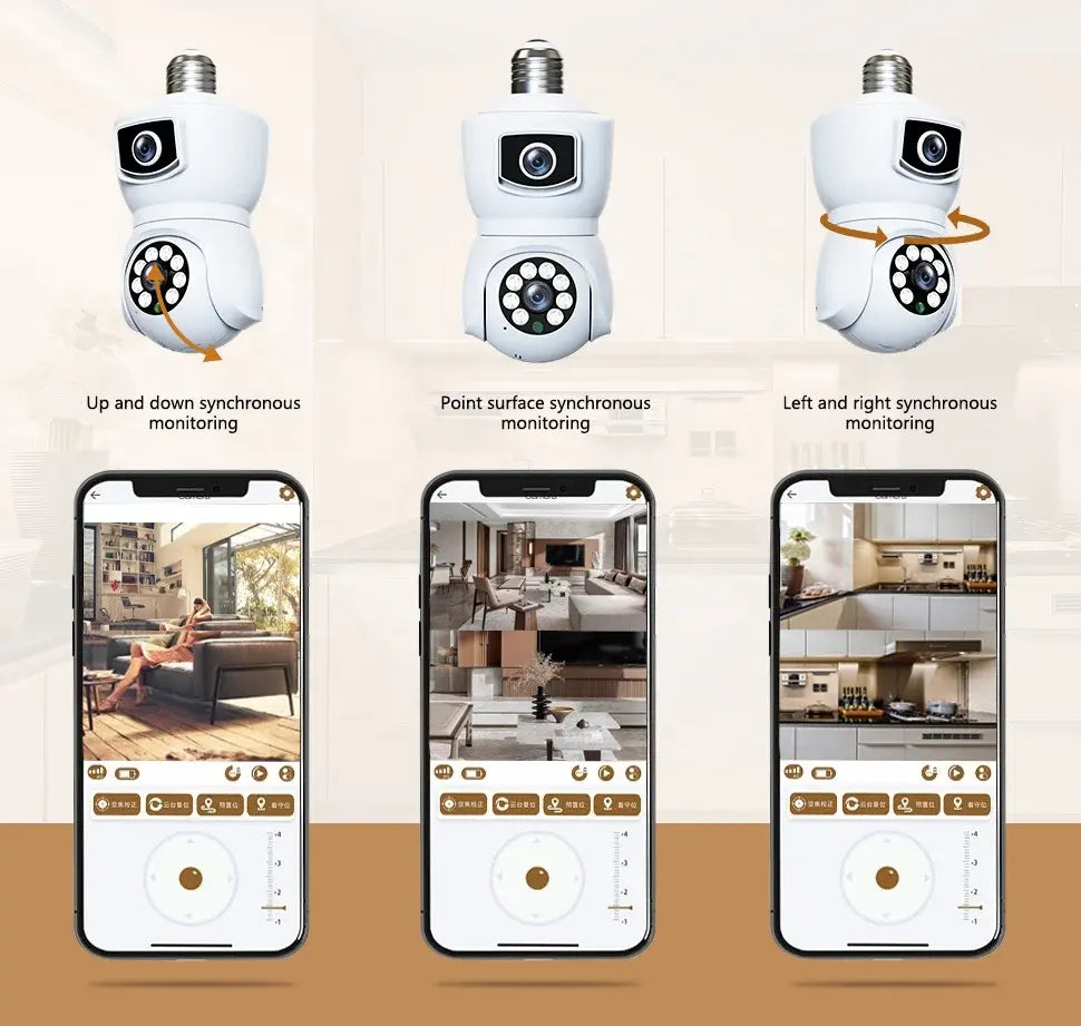 Yellow Dual Lens Adjustable 360 Wifi Camera 360 Degree PTZ Security Surveillance Dual Lens HD 265 Video Compression SD Card Storage